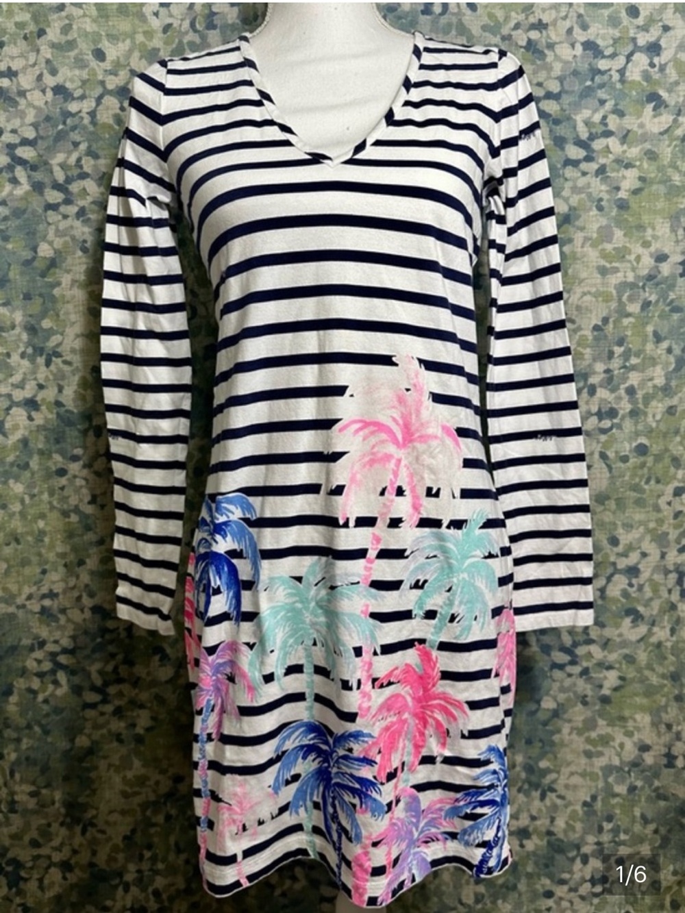 Lilly Pulitzer Palm Tree Stripe Shift Dress White Navy Pink Long Sleeve Size S